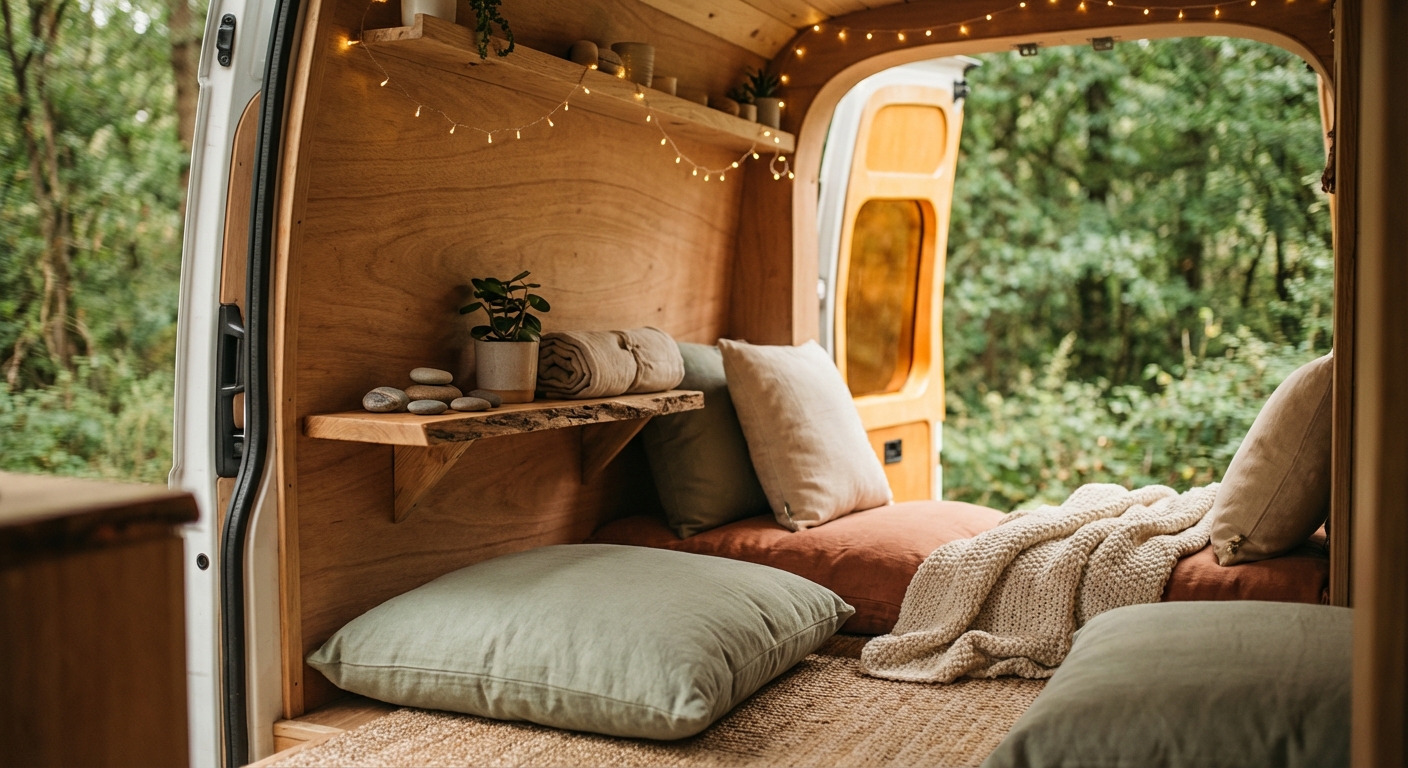 Gemütlicher Innenraum des Anker-Mobils mit Kissen, Lichterketten und Holz