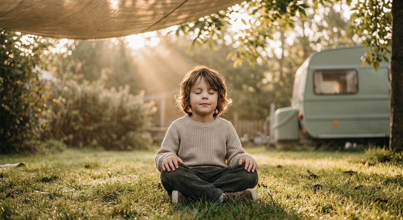 Kind meditiert friedlich unter einem Sonnensegel, goldenes Licht, mobiler Wagen im Hintergrund