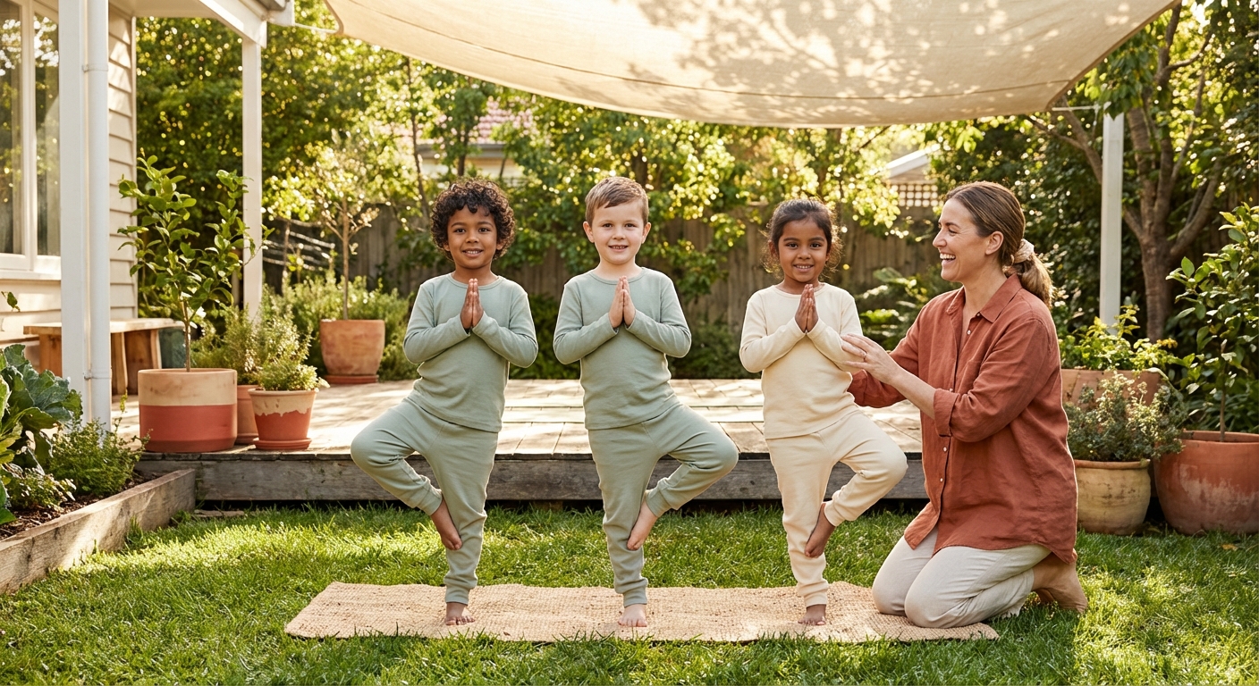 Kinder üben gemeinsam Yoga unter einem Sonnensegel
